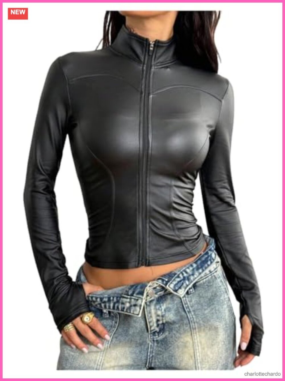 Faux Leather Cropped Moto Jacket Zip Front Slim Fit Y2K Biker Coat